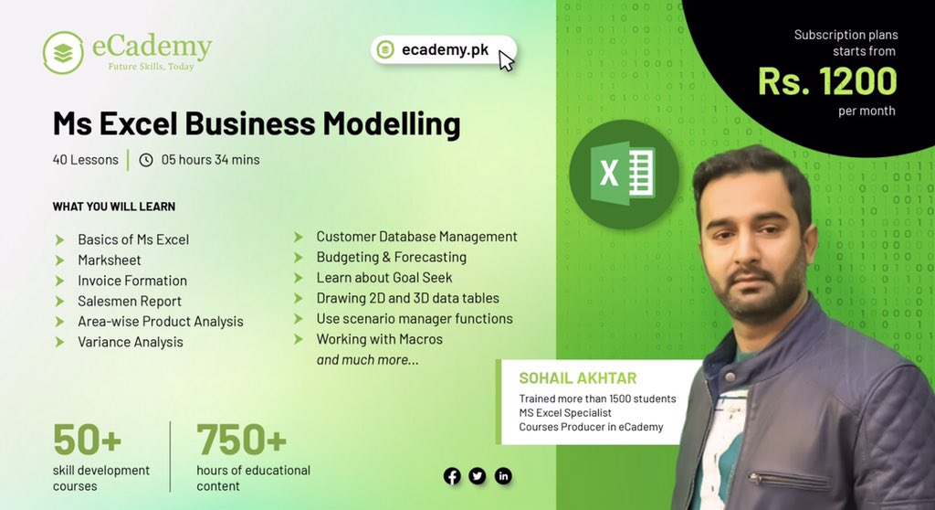 Basics to Advance MS Excel Business Modelling Course on ECademy.pk This course and all other courses for one monthly subscription price of Rs 1999. One fee & access to ALL courses. This course will teach you: 1. Basics to advance level MS Excel 2. Invoice…