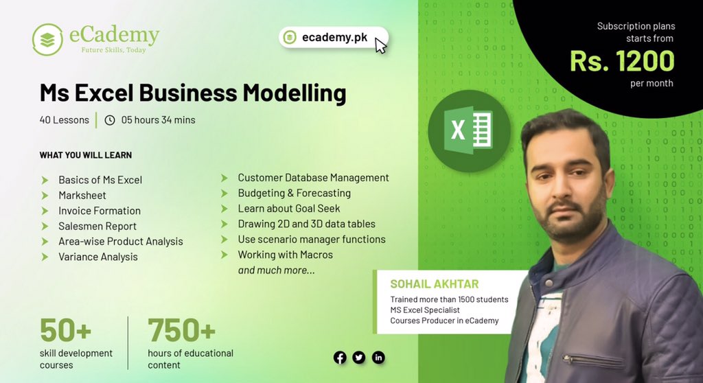 Basics to Advance MS Excel Business Modelling Course on ECademy.pk 

This course and all other courses for one monthly subscription price of Rs 1999. One fee &amp; access to ALL courses. 

This course will teach you:
1. Basics to advance level MS Excel 
2. Invoice
