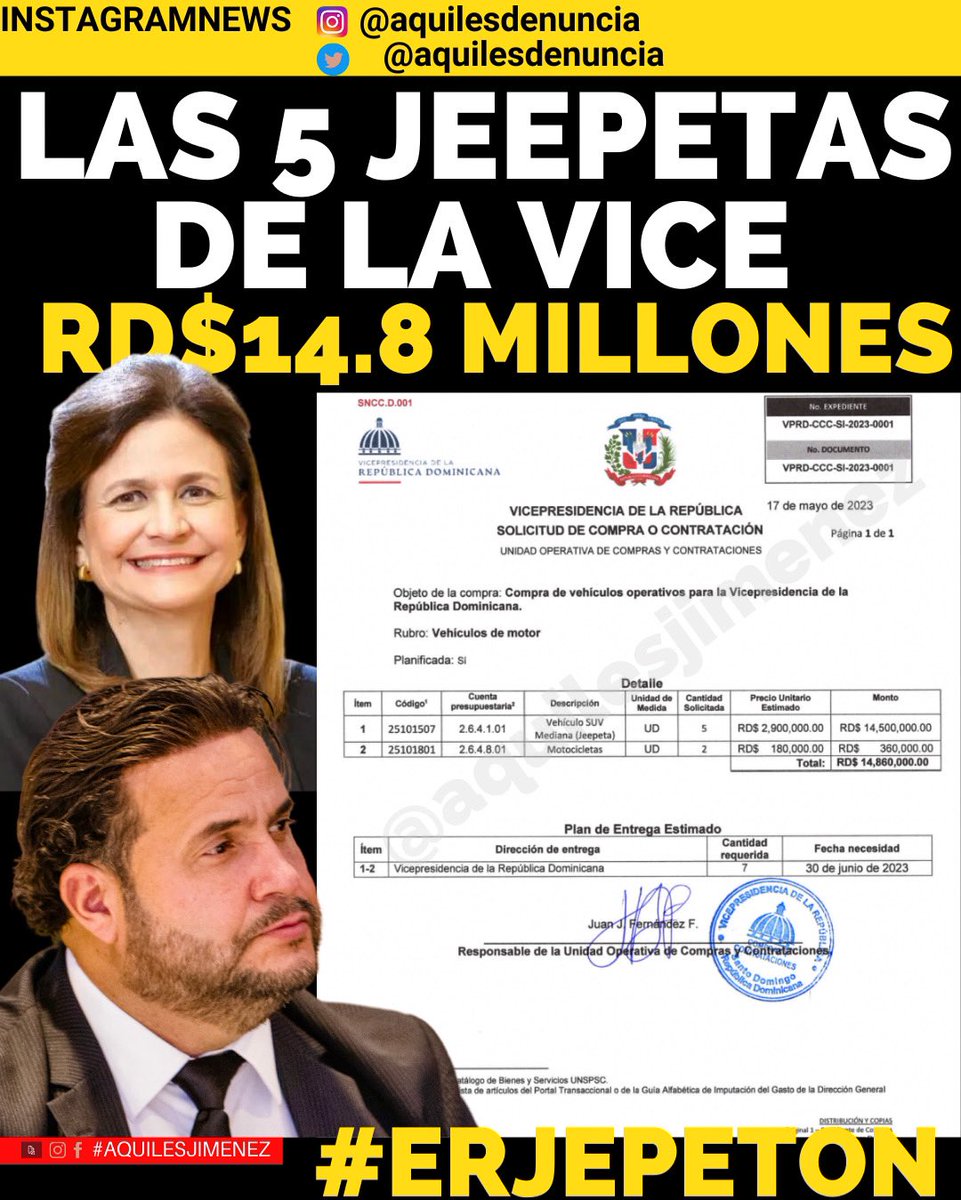 Aquiles Jimenez Fernandez (@aquilesdenuncia) on Twitter photo Señores ya estamos comprando los vehículos de la reelección.
Aquí les dejo la licitación para que no aleguen ignorancia <a href="/ViceRDo/">Vicepresidencia de la República Dominicana</a>
<a href="/RaquelPenaVice/">Raquel Peña</a> pero que gana de gastar dinero en vehículo é, o es para que su hijo siga chocando .
Ps: Esperemos los vehículos de <a href="/luisabinader/">Luis Abinader</a> Señores ya estamos comprando los vehículos de la reelección.
Aquí les dejo la licitación para que no aleguen ignorancia <a href="/ViceRDo/">Vicepresidencia de la República Dominicana</a>
<a href="/RaquelPenaVice/">Raquel Peña</a> pero que gana de gastar dinero en vehículo é, o es para que su hijo siga chocando .
Ps: Esperemos los vehículos de <a href="/luisabinader/">Luis Abinader</a>