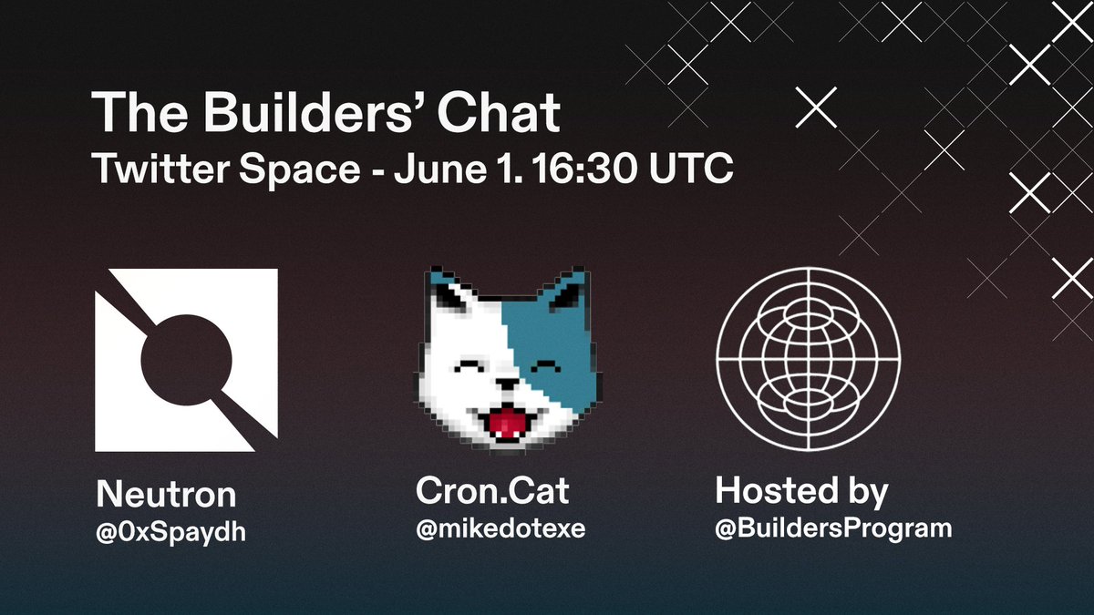 Interchain Builders Program (@buildersprogram) on Twitter photo Tune in on Thursday when we talk smart contract automation w/ <a href="/croncats/">Cron.Cat | cat.stars croncats.osmo croncat.cosmos</a> and the new kid on the block @Neutron_org .
Set your reminder here: x.com/i/spaces/1mrGm… Tune in on Thursday when we talk smart contract automation w/ <a href="/croncats/">Cron.Cat | cat.stars croncats.osmo croncat.cosmos</a> and the new kid on the block @Neutron_org .
Set your reminder here: x.com/i/spaces/1mrGm…