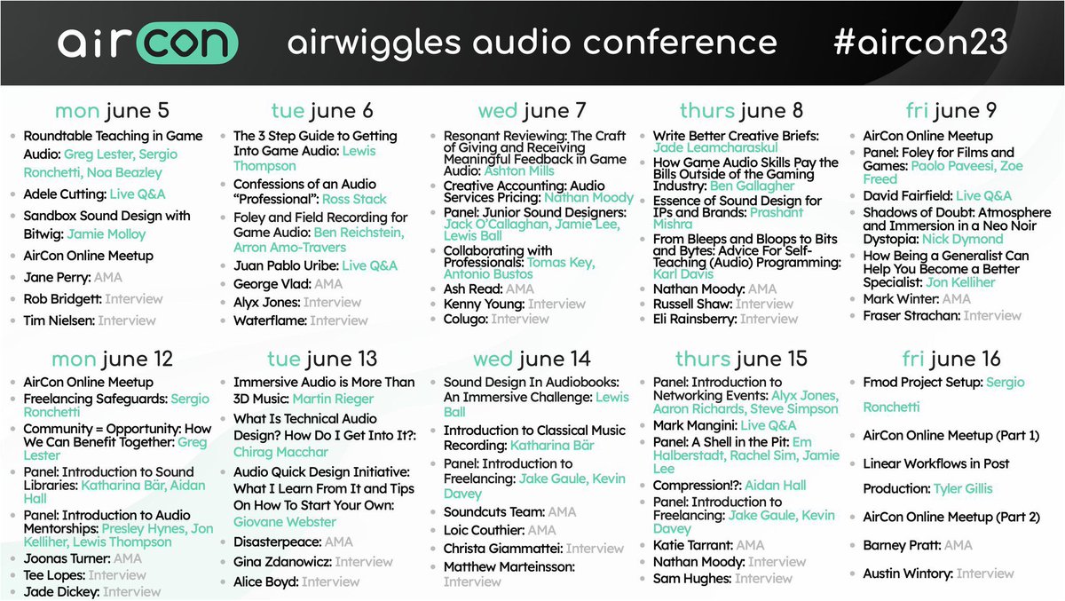 sarahsherIock's tweet photo. What a line up! Make sure to mark your calendars. I was sad to have to turn down taking part in this myself due to much needed holidaying 😎 - but Il be super excited to tune in and see many friends sharing knowledge!  #AirCon23 well done @itsgreglester @lewisthompsound https://t.co/dGRq4JUaG4