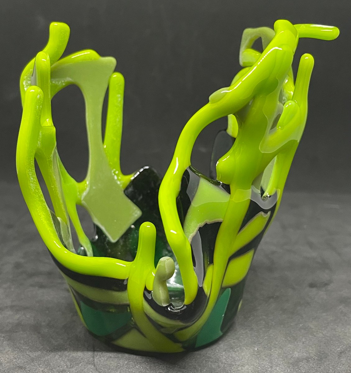 Green grass 2; fused glass art candleholder, multihued green etsy.me/3ozwFBX #green #fusedglass #veteranmade #madeinoklahoma #contemporarystyle #madeinusa #moderndesign #votivecandleholder #glasscandleholder
