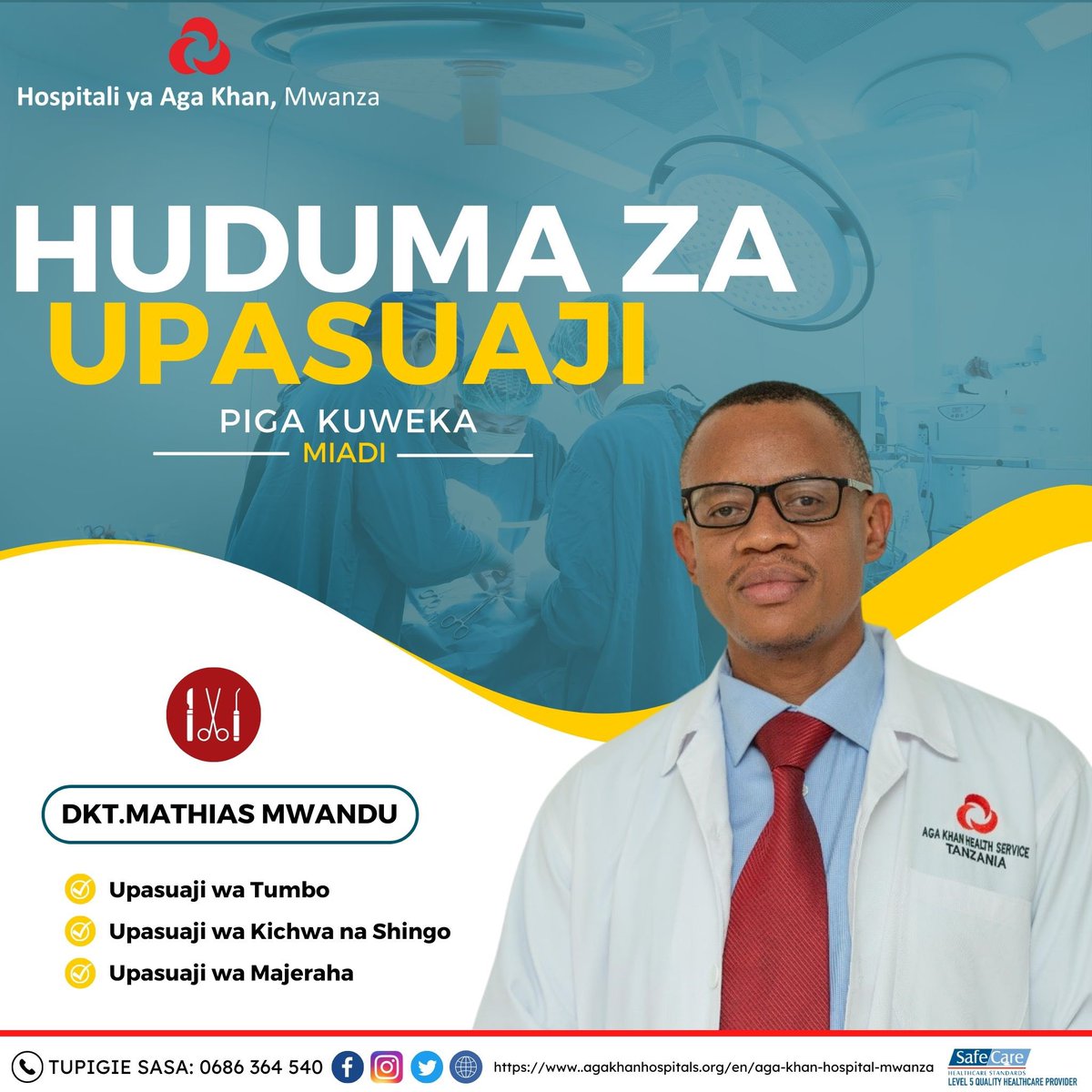 Get convenient and personalized surgical services from our expert General Surgeon  Dr. Mathias Mwandu via 0686 364 540.

#agakhanhospitalmwanza #expertadvise #healthcare  #tanzania #mwanza #surgery #surgicalprocedures #surgeon #generalsurgery #surgeryrecovery