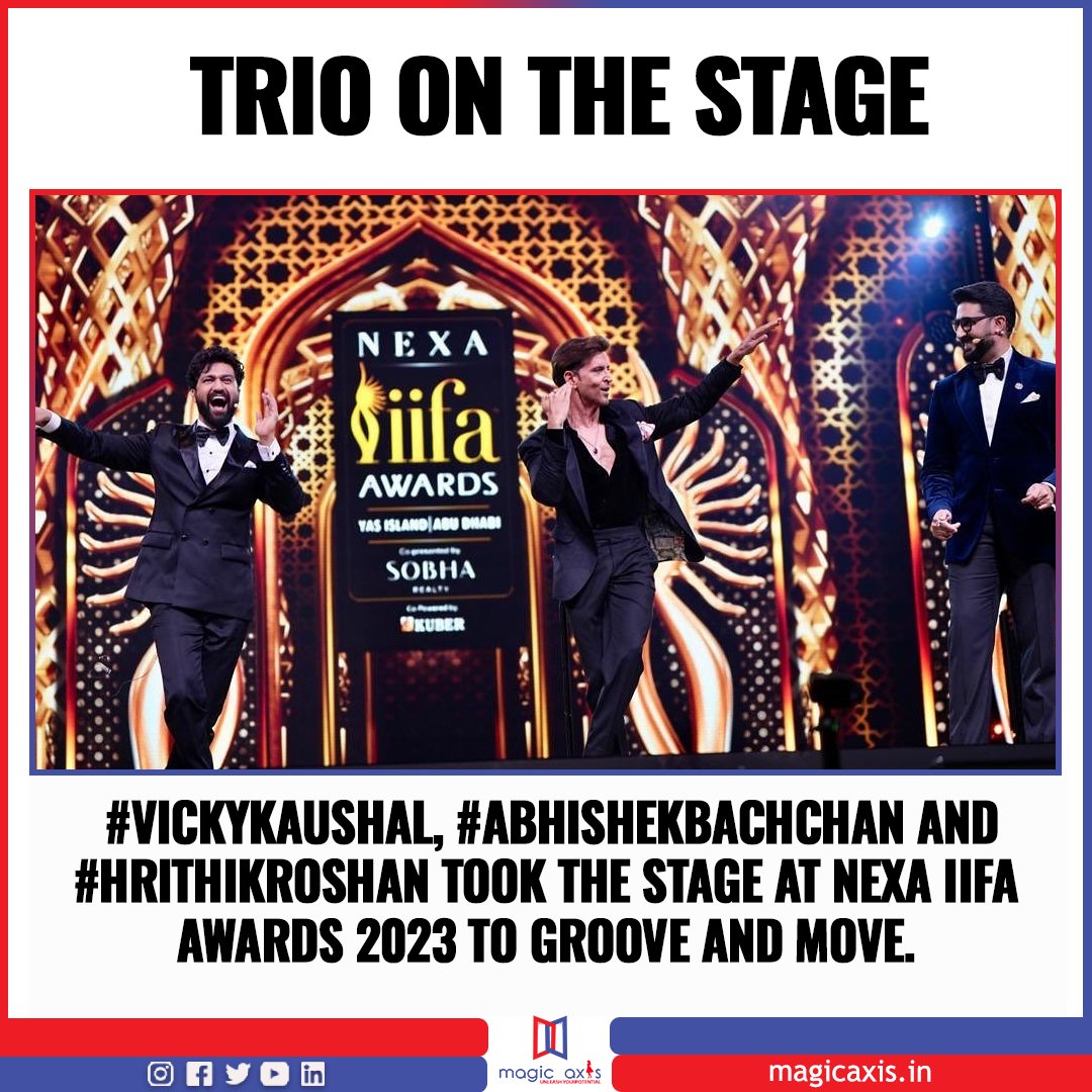 The trio on the stage. 

#VickyKaushal, #AbhishekBachchan, and #HrithikRoshan took the stage at NEXA IIFA Awards 2023 to groove and move.

#IIFA2023 #IIFAONYAS #iifaawards2023 #IIFAAwards