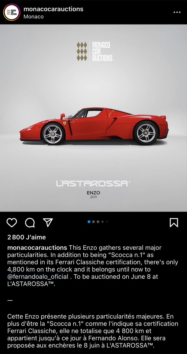 AuRupteur's tweet image. Fernando Alonso vend sa Ferrari Enzo.
