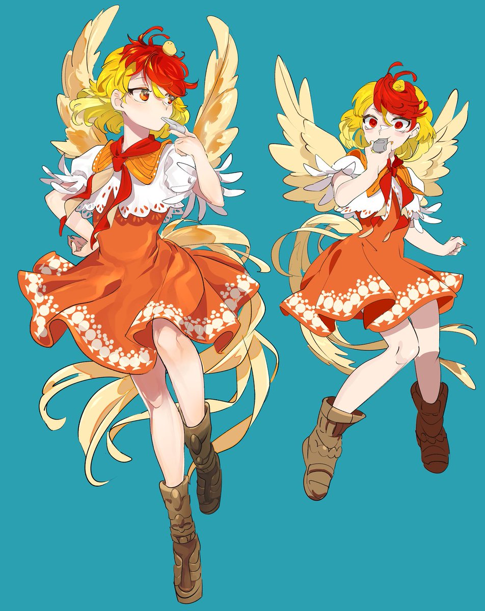 niwatari kutaka blonde hair orange dress wings 1girl dress red hair bird  illustration images