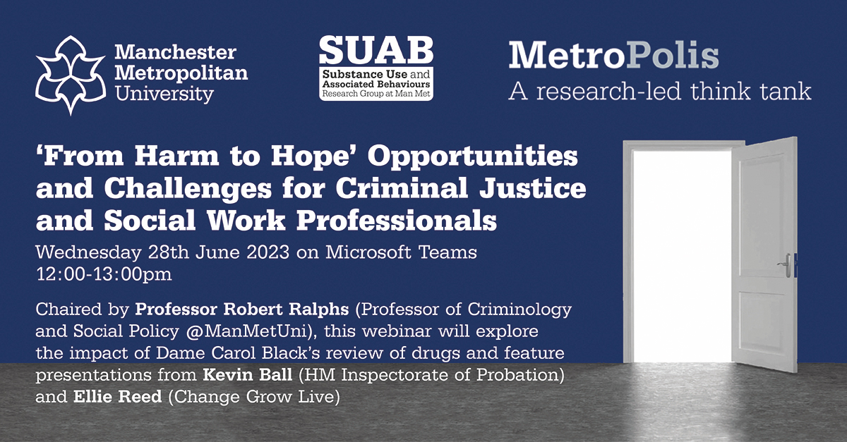 MetroPolis (@mcrmetropolis) on Twitter photo Take a look 👀
Bookings now open for a fascinating upcoming webinar with @SUABM, featuring <a href="/MMUOutofit/">Rob Ralphs</a> <a href="/KevBall17/">Kevin Ball</a> & <a href="/EllieReedCGL/">Ellie Reed</a> exploring the impact of <a href="/DameCarolBlack/">Dame Carol Black</a> 's review of drugs on probation work and social work 👇
eventbrite.com/e/from-harm-to… Take a look 👀
Bookings now open for a fascinating upcoming webinar with @SUABM, featuring <a href="/MMUOutofit/">Rob Ralphs</a> <a href="/KevBall17/">Kevin Ball</a> & <a href="/EllieReedCGL/">Ellie Reed</a> exploring the impact of <a href="/DameCarolBlack/">Dame Carol Black</a> 's review of drugs on probation work and social work 👇
eventbrite.com/e/from-harm-to…