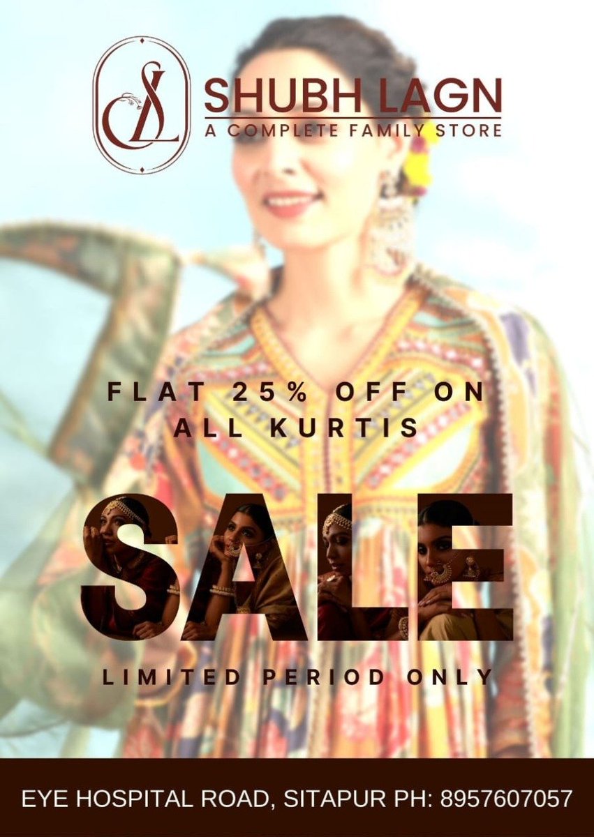 FLAT 25% OFF ON ALL KURTIS😍🥳
#SALE
LIMITED PERIOD ONLY👈👈👈
.
#branddesign #offers #SummerStyle #girlkurti #womenswear #OfferSale #bestoffer #kurti #shubhlagn #sitapurcity #lalbagh #clothingstore #clothshop