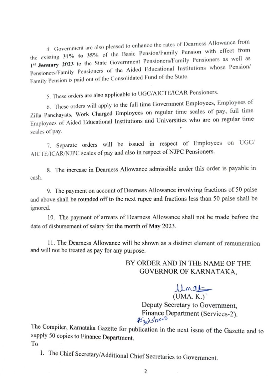 CMofKarnataka's tweet photo. Happy news to all my dear government employee friends.

The government has decided to increase the Dearness Allowance from 31% to 35% of the basic pay/basic pension with effect from 1st January 2023. https://t.co/bdElOMdJ7u