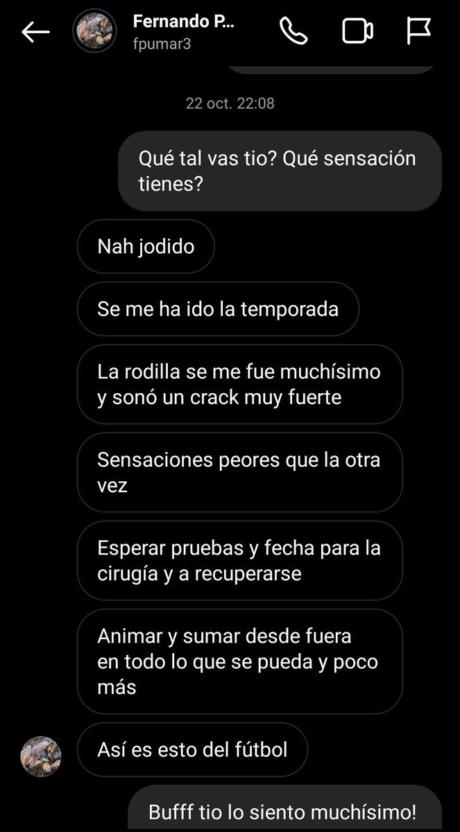 JLAllegue92's tweet photo. El 22 de octubre @Pumar3 sufrió una (otra) grave lesión de rodilla. Adiós a la temporada. Con su permiso publico nuestra conversación de aquel día porque Pumar sabía 3 cosas: animaría desde fuera, tenía un sustituto de garantías al que ayudar y era el año del ascenso. Ejemplo 💪 https://t.co/9pDwbmFgeN