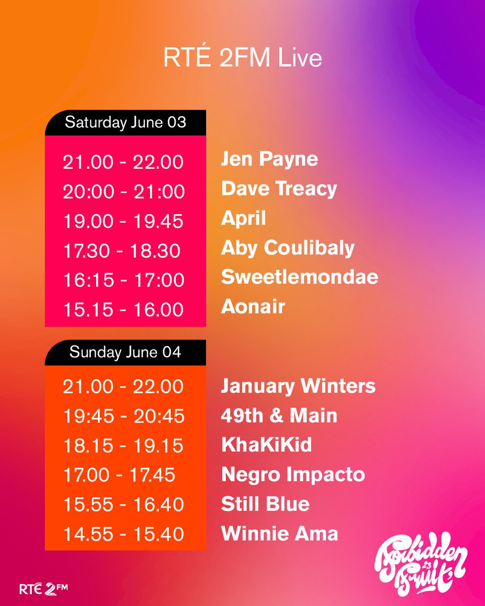 RTÉ 2FM (@rte2fm) on Twitter photo Our #RTE2FMLive line-up looks like this 😎
See you at <a href="/ForbiddenFFest/">Forbidden Fruit</a> this weekend 🔥
#FF23 Our #RTE2FMLive line-up looks like this 😎
See you at <a href="/ForbiddenFFest/">Forbidden Fruit</a> this weekend 🔥
#FF23