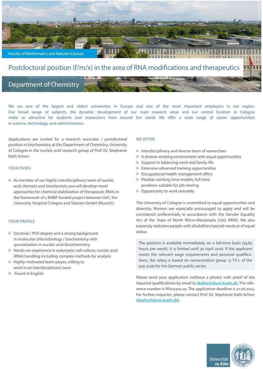 Postdoc position available @Kath_lab #RNA #RNAtherapeutics #ChemicalBiology ! Join us @ChemUniCologne @UniCologne 🔬🧪🧬