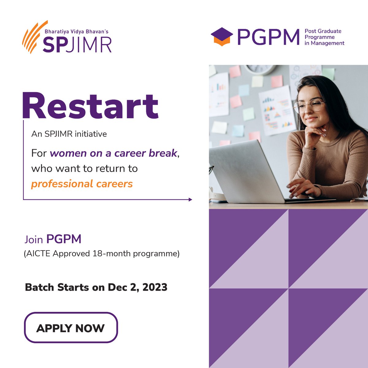 Aspire to Restart a full-time career? Join SPJIMR's PGPM programme.
Admissions are open for Class of 2024-25.
Know More - shorturl.at/ikvU4
Call +91 9833351242 / +91 7045687955
#restartyourcareer #womencareer #Women #secondcareer  #spjimr #PGPM #PGPMatSPJIMR  #ExecutiveMBA