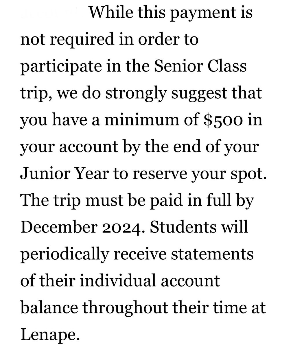 Lenape2025's tweet photo. OPTIONAL Senior Trip deposit due Friday! The total of the trip is TBD, but is expected to be around $1,700. Next deposit is Fall 2023. https://t.co/22Xfc9zHUk