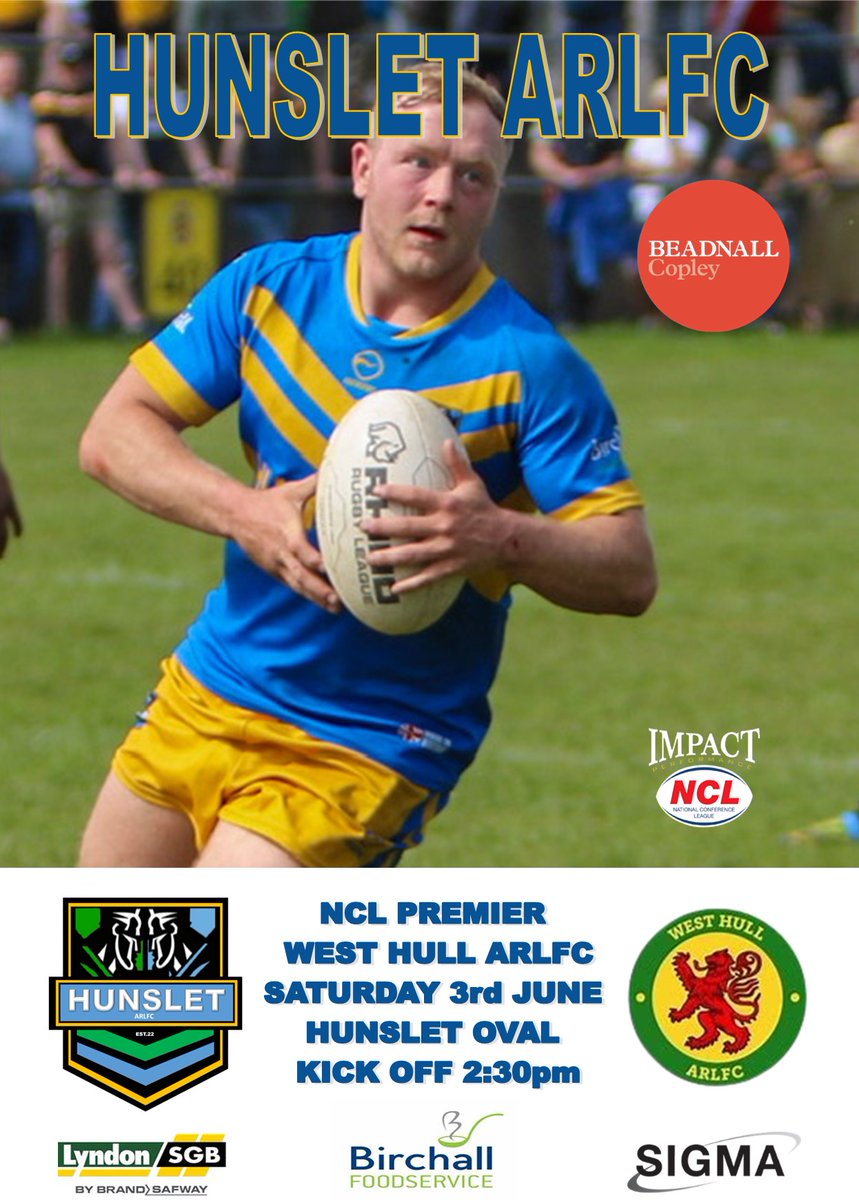 Up Next
@OfficialNCL PREMIER DIVISION
Saturday 3rd June
@WestHullARLFC 
Hunslet Oval
Kick Off 2;30pm
#AsOne
Thankyou to @beadnallcopley for the match sponsor.