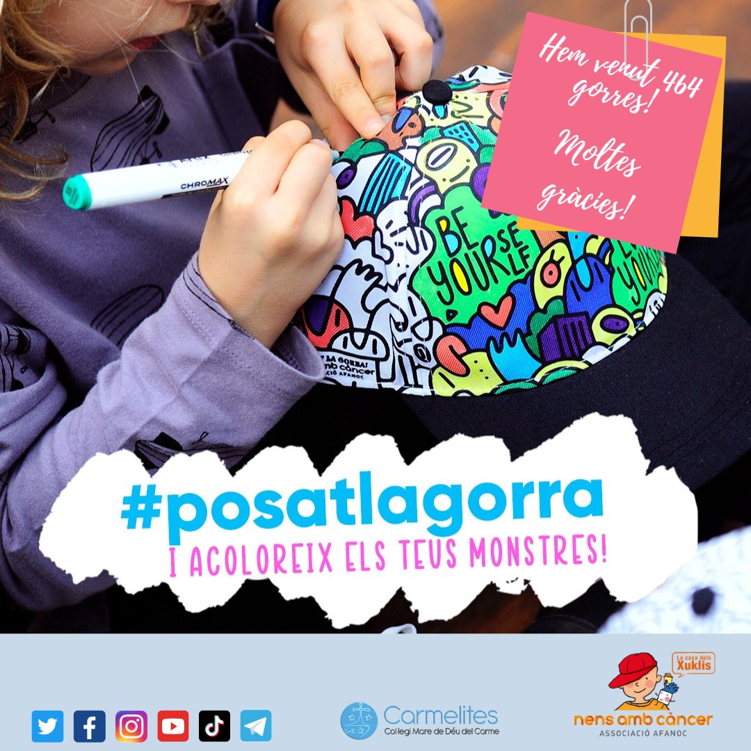carmelitestgn's tweet photo. #ADMTWC #PASTC moltes gràcies a tots els que vàreu col·laborar comprant les gorres de la campanya #posatlagorra per recollir fons pels nens amb càncer organitzada per @AFANOC #somsolidaris #viucarmelites #somifemescola https://t.co/Oj9l6n4RTU