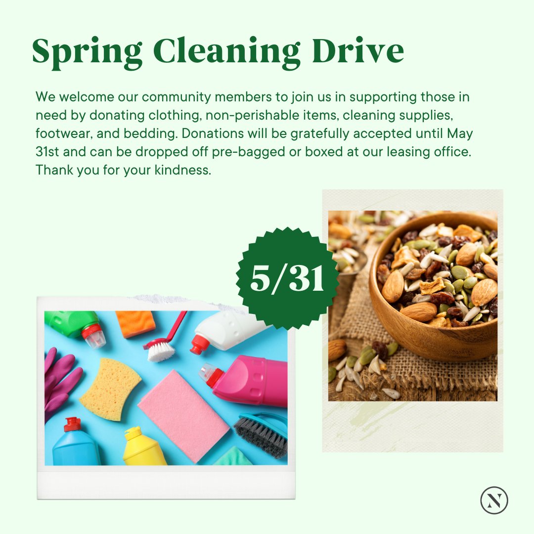 The Spring Cleaning Drive ends tomorrow! Thank you to all those that have donated! #WeLoveOurResidents #LoveWhereYouLive #GlennPerimeter #ResidentEvents #Atlanta #LuxuryRentals #Community #FoodDrive #ClothingDrive #SpringCleaning