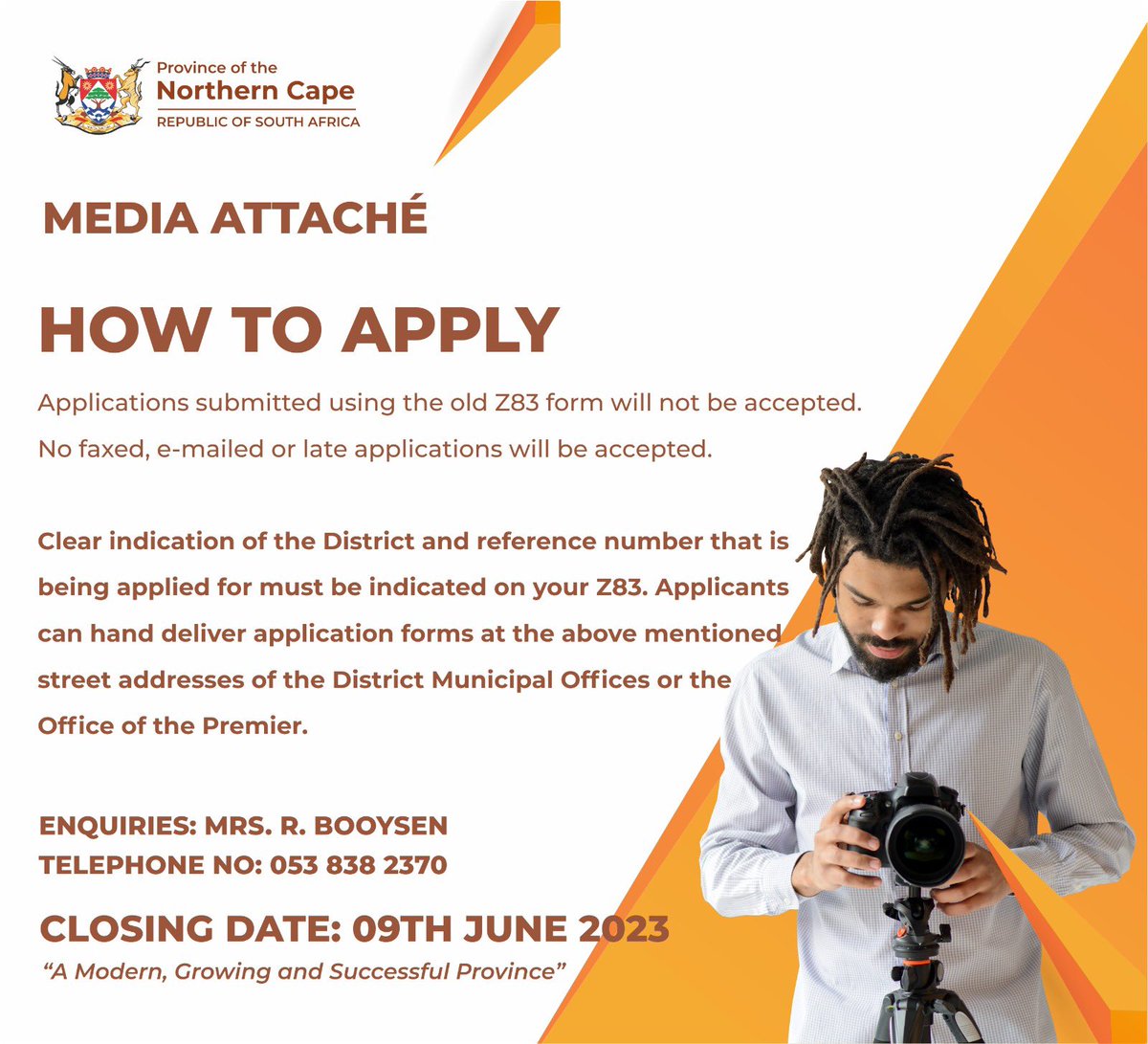 [MEDIA ATTACHÉ’S NEEDED] 📍

Please see the information in the thread and submit your application by 09 June 2023.

@ncnnlive @NCapeDSAC @NCape_Education @nc_doh @NC_drpw @NCDevEco 

#moderngrowingsuccessfulprovince
#northerncape
#communications 
#jobalert
