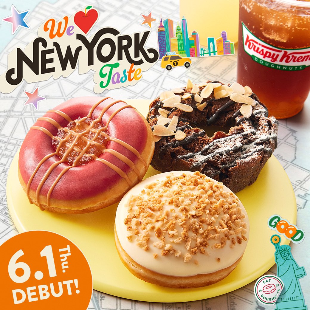🍎🧀🍫 🍎🧀🍫 🍎🧀🍫 coming soon！🗽 『We Love New York Taste』 🍎🧀🍫 🍎🧀🍫 🍎🧀🍫 6/1(木)から、旅行気分で“ニューヨーク”の人気スイーツが楽しめる3種のドーナツが登場します✈️ お楽しみに😋❣️