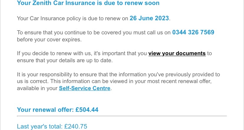 @Zenith_Insure Almost a £265 increase? I have way more than 9 years no claimed..No chance will I be renewing, I’ve never had an increase like that in all my years of driving