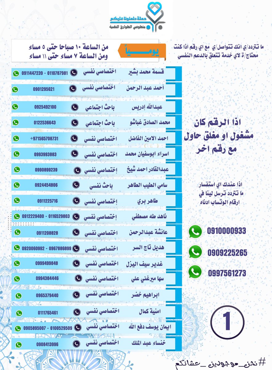 لو محتاج مساعدة نفسية عشان تتعامل مع الخوف و القلق و الاضطرابات البتحصل ليك، اتصل مباشرة بالأرقام دي و أكيد الاختصاصيين و مقدمي الخدمة حيساعدوك.
اتصل و شارك جهات الاتصال دي مع غيرك، يمكن يكون في زول محتاج مساعدة.
#السودن 
#أوقفوا_الحرب 
#السلام_سمح 
#الدعم_النفسي