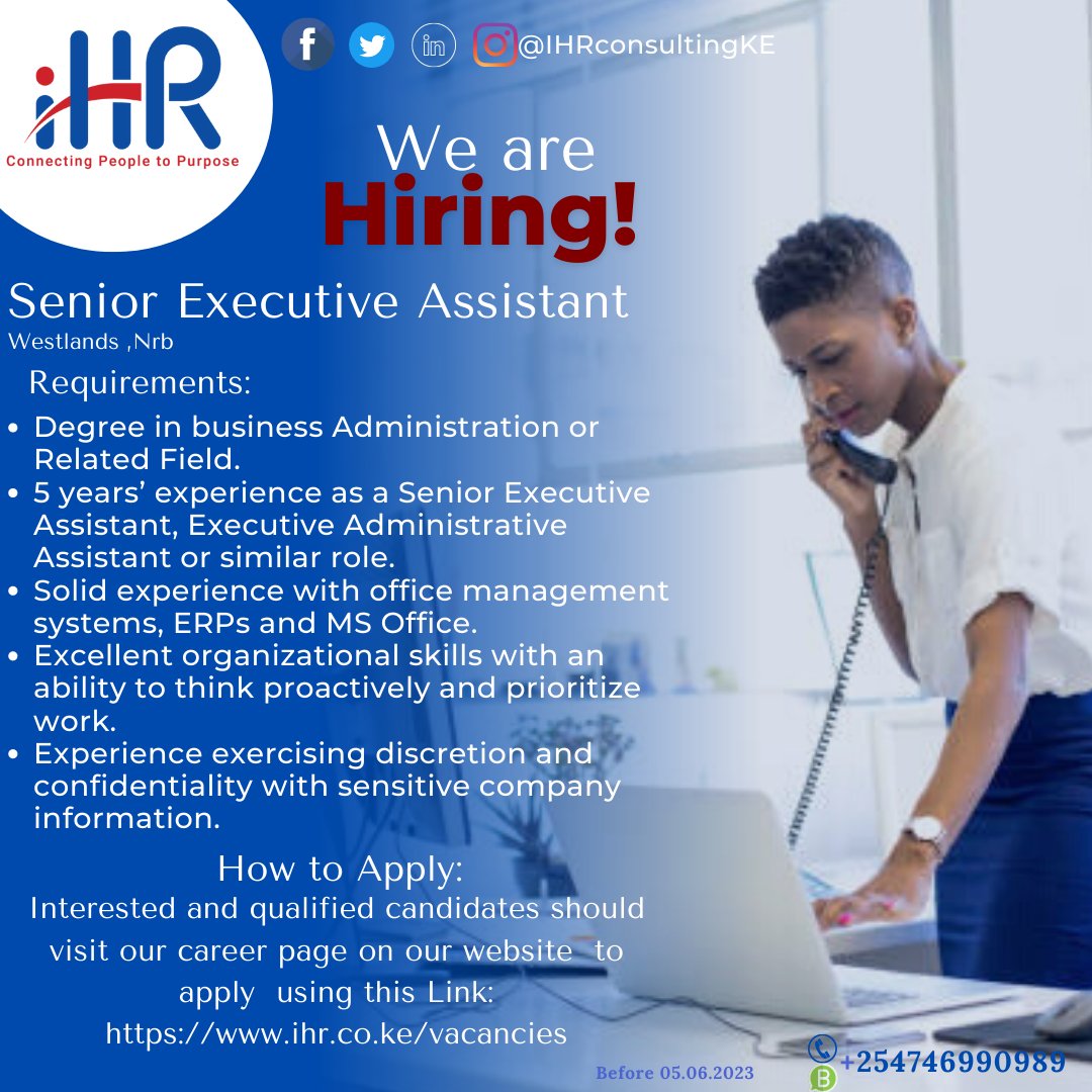 Our Client in the tourism industry is looking for Senior Executive Assistant ,You will provide high-quality administrative and clerical assistance to top-level executives. Apply before 05.06.2023 #seniorexecutive #ikokazike #seniorexecutiveassistant #westlandsnairobi