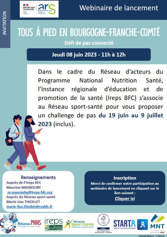 PromoSanteBFC's tweet photo. Du 19 juin au 9 juillet participez au challenge de pas avec réseau #PNNS #BFC, Réseau #SportSanté #BFC  et @IrepsBFC.
Webinaire de lancement jeudi 08/06/2023 de 11h-12h 👉https://t.co/KKiMV59chC https://t.co/9KFAQyyYWp