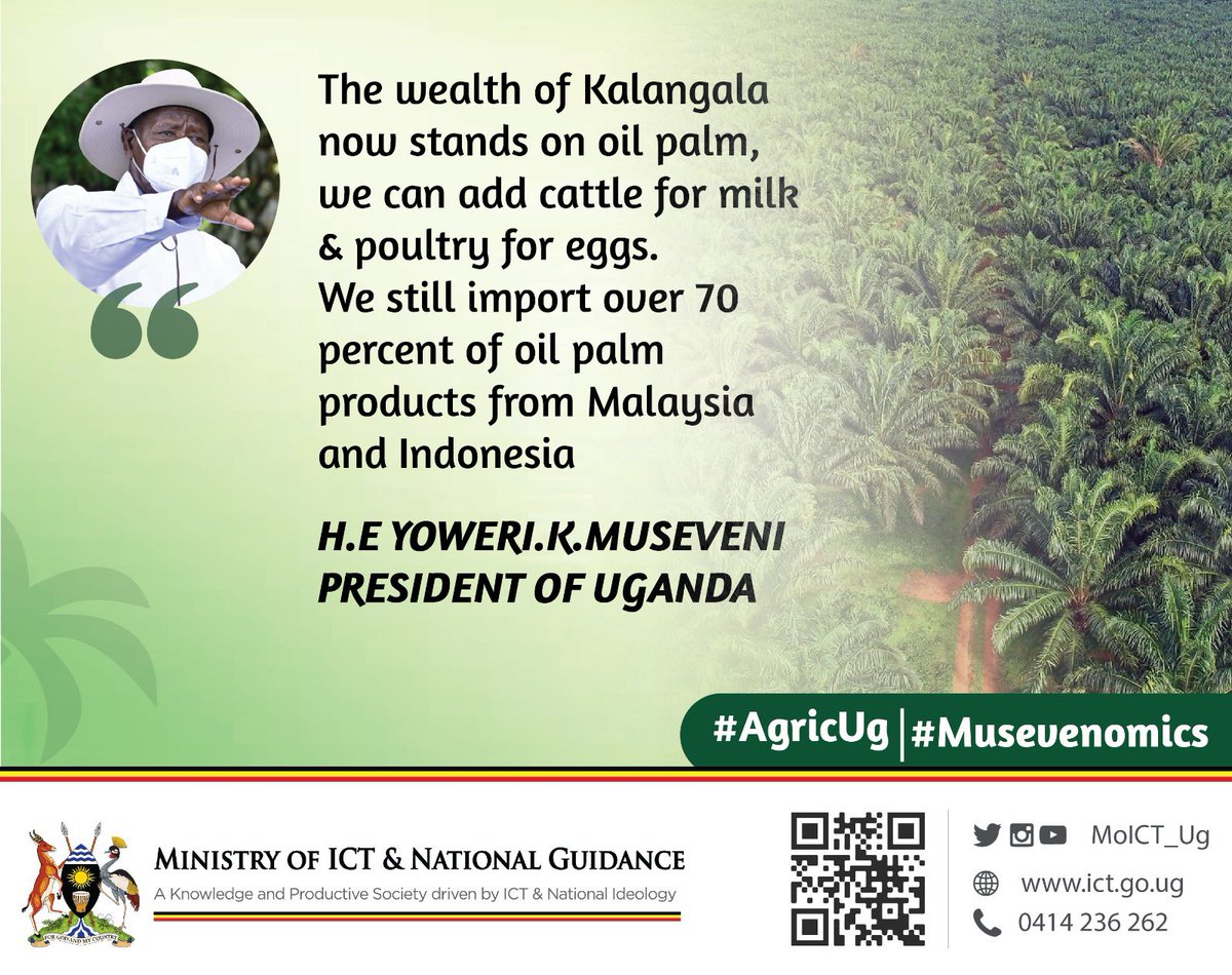 H.E President Museveni has tipped the people of Kalangala District to consider adding dairy and poultry farming to ongoing oil palm growing in order to create more wealth. The President's call came as he held his investment and wealth creation tour in Kalangala District. #AgricUg