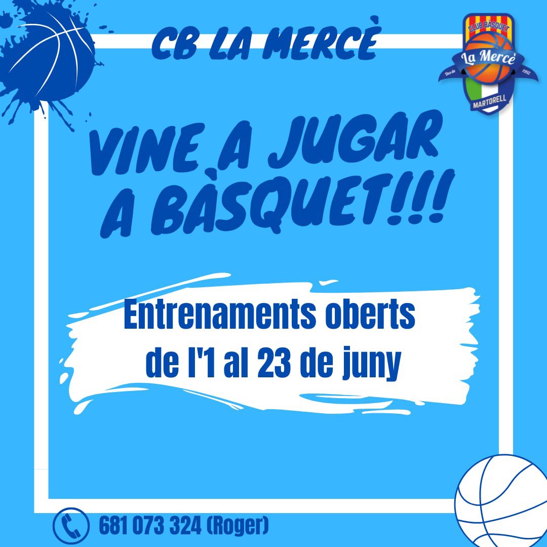 cblamerce's tweet photo. ⚪🔵 CLUB

🗣️ Vols venir a jugar a bàsquet?

📆 A partir de l’1 de juny podràs provar en els entrenaments oberts!

📞 No ho dubtis i truca al 681073324 (Roger) per a informar-te’n!

#TradiciódeBàsquet
#CBLaMercè https://t.co/Knn2FKBEMS