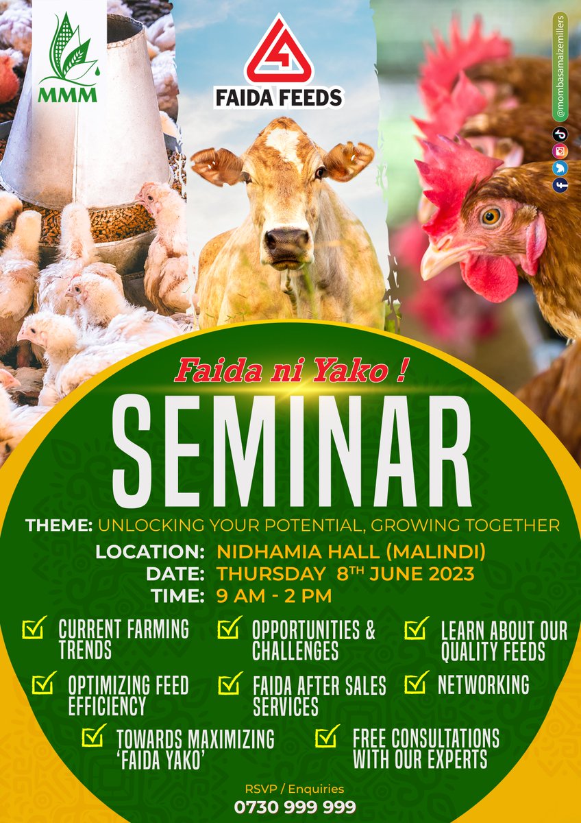 mmmflour's tweet photo. Jee, una shamba la wanyama?

Are you wondering how to boost their health and productivity? Do you want to cut costs and increase your FAIDA? 

If yes, then you don’t want to miss our upcoming FAIDA SEMINAR!

This is a great opportunity to discover the latest trends in animal nutrition, learn how to optimize your feeding strategies, and enjoy an informative and interactive session with experts from the industry!

You will also get a chance to network with other farmers and share your experiences, challenges and wins!

Tukutane Malindi on the 8th, Mungu Akipenda!

#FaidaFeeds- chakula ni chetu, Faida Ni Yako!