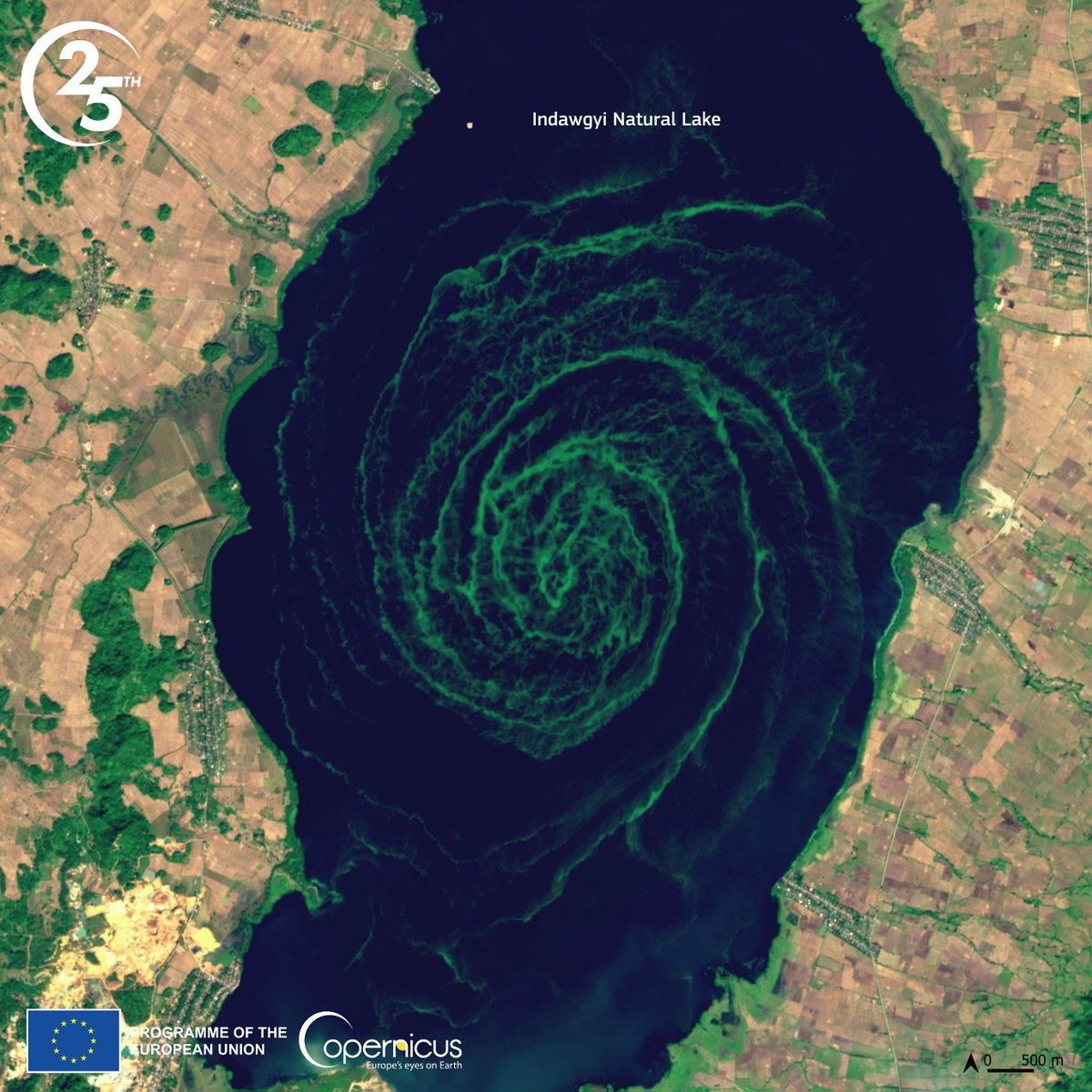 Copernicus for #tourism 🗺️

#Copernicus data can help us detect and monitor algal blooms, which can be harmful to human #health and tourism

⬇️#Sentinel2🇪🇺🛰️ image showing a large phytoplankton bloom in the Indawgyi Natural Lake in #Myanmar🇲🇲, on 6 December 2022