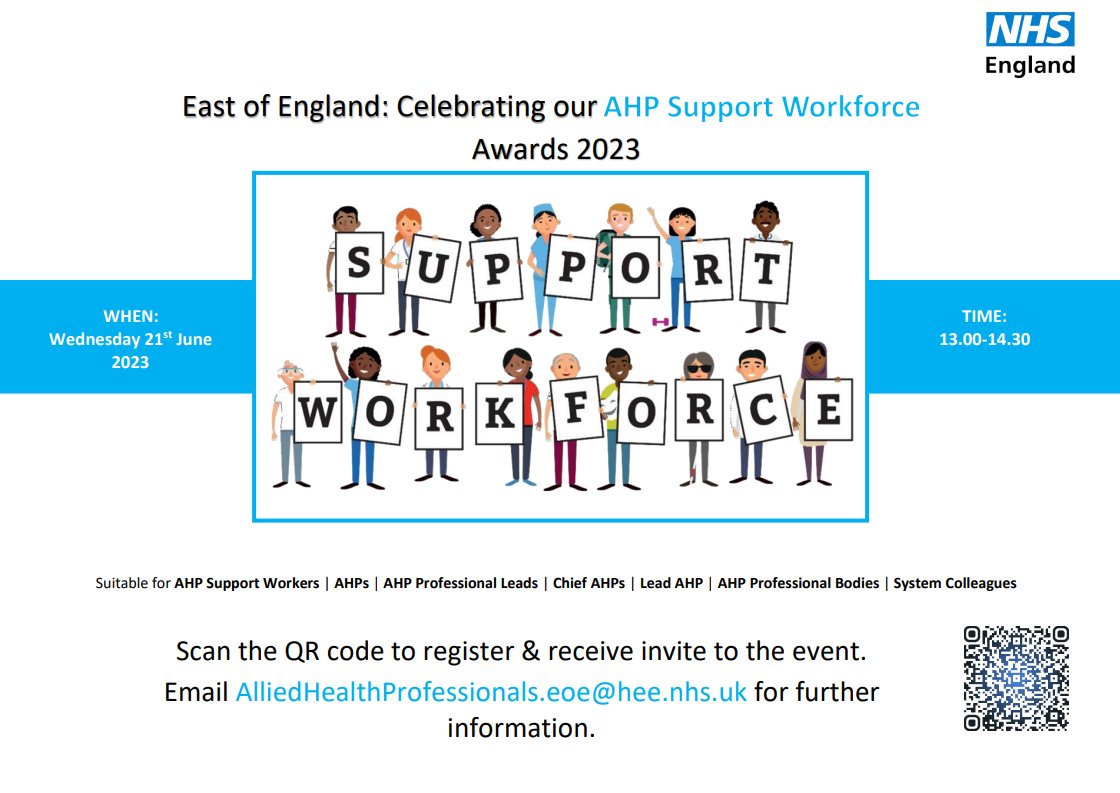 Come & celebrate #AHPSupportWorkers in the EoE region! All welcome :) Scan the QR code in the poster to register & save the date in your diary. @eoeahps @HWE_ICS @ahpfaculty @WestHertsNHS @WHHTTherapy @NHSHEE_EoE @Charlann @ashila_bhutia @SuraiyaHassan1 @clairecuttingOT