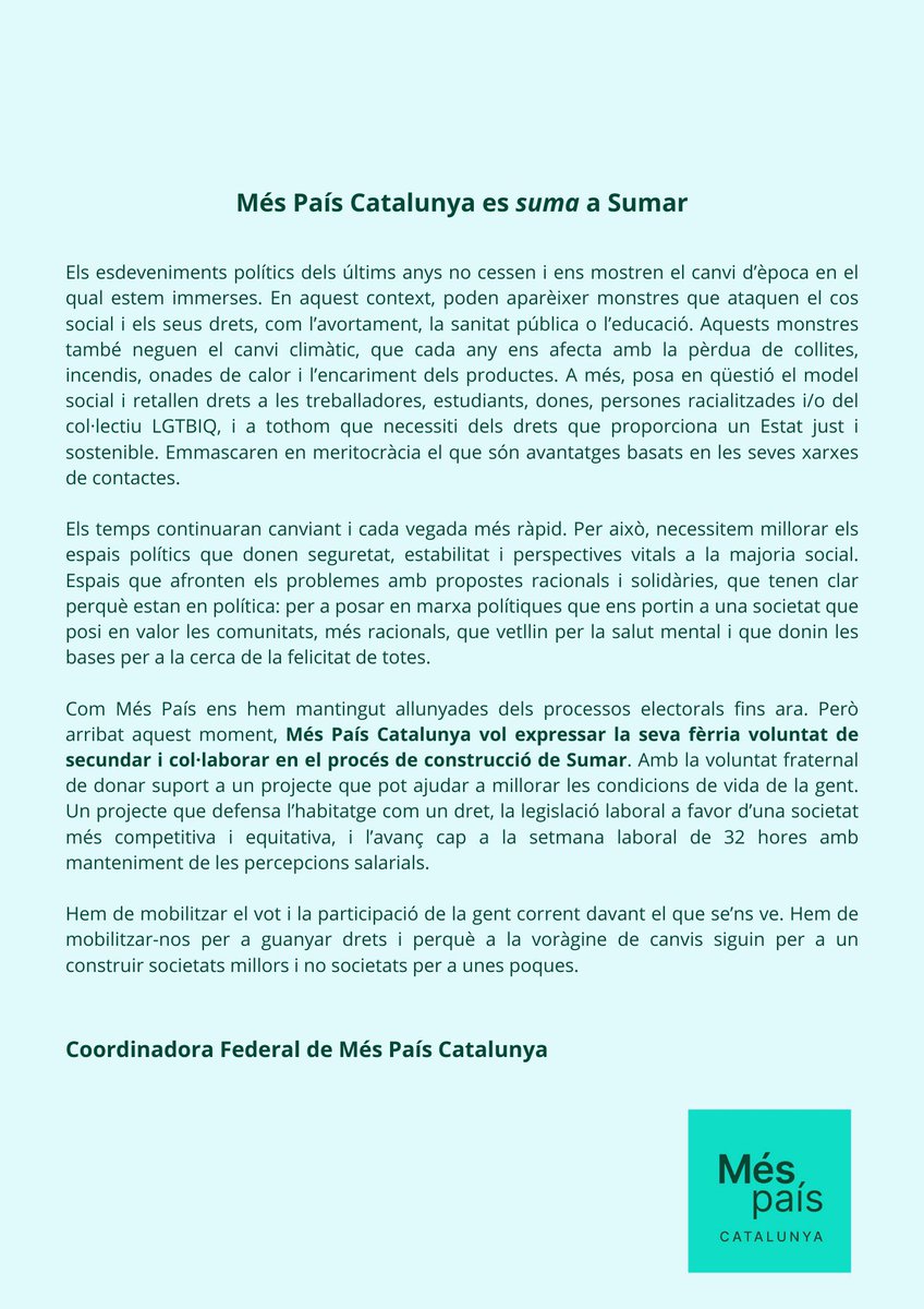 📢📢

<a href="/MesPaisCat/">Més País Catalunya</a> vol expressar la seva fèrria voluntat de recolzar i col·laborar en el procés de construcció de <a href="/sumar/">Sumar</a> 

📢📢