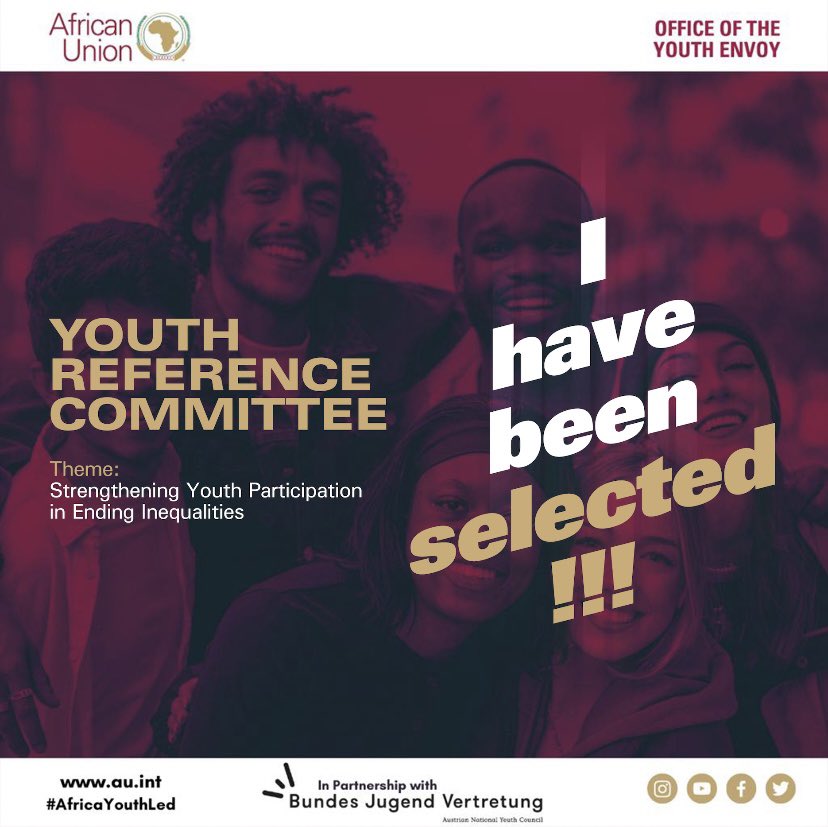 I am excited to announce that I have been selected to join the Youth Reference Committee! I look forward to engage with people on the Theme: Strengthening Youth Participation in Ending Inequalities

@AU_YouthEnvoy

#AfricaYouthLed
#AUYRC2023
#SDGs4Agenda2063
#Partnerships4Change