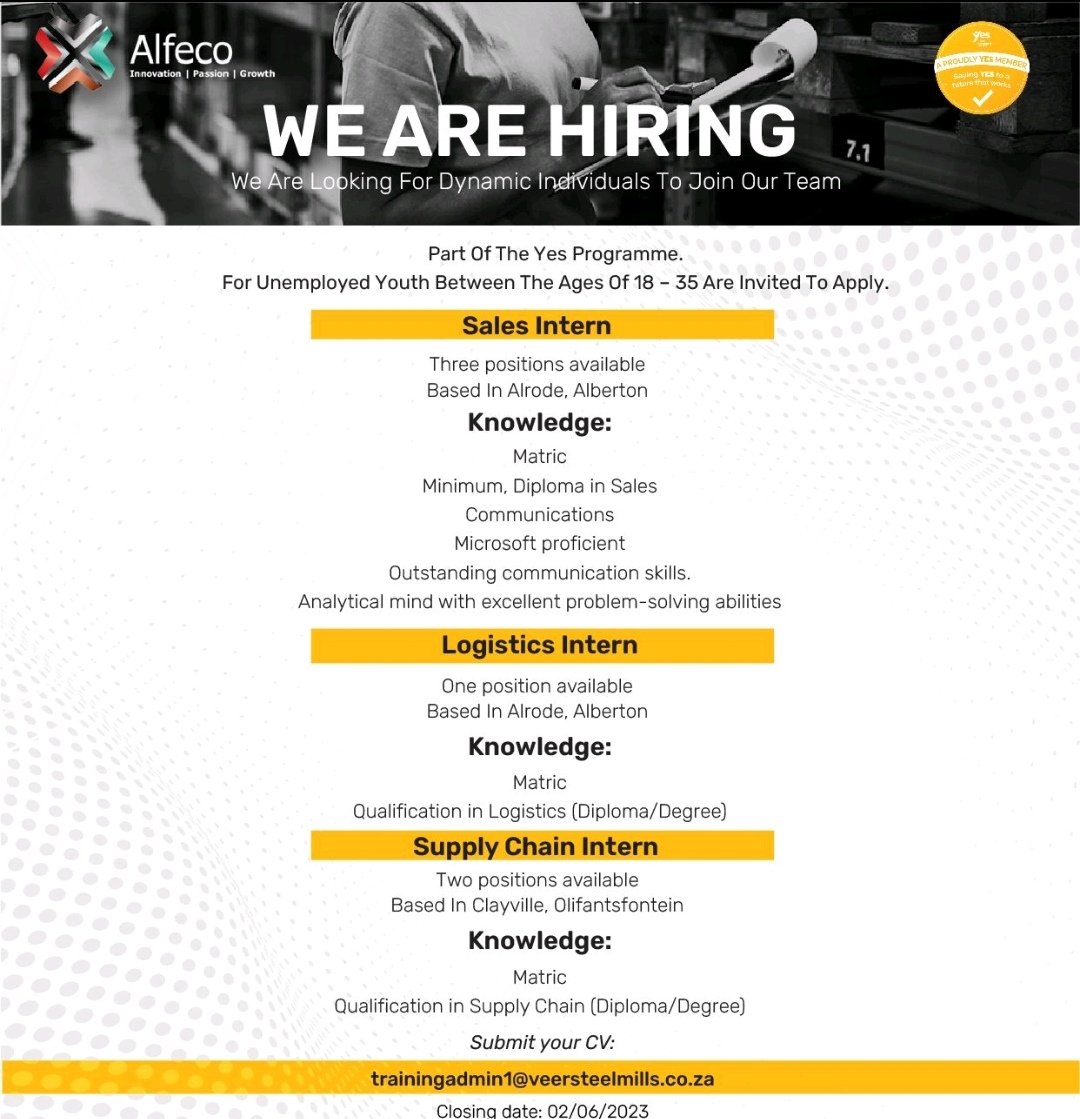 RMakukuli's tweet photo. We are hiring.

Unemployed Youth between the age of 18 - 35 are invited to apply for the vacancies. Interested Parties can send their CV's to trainingadmin1@veersteelmills.co.za

Closing date: 2 June 2023 https://t.co/o2uKAcJGxi