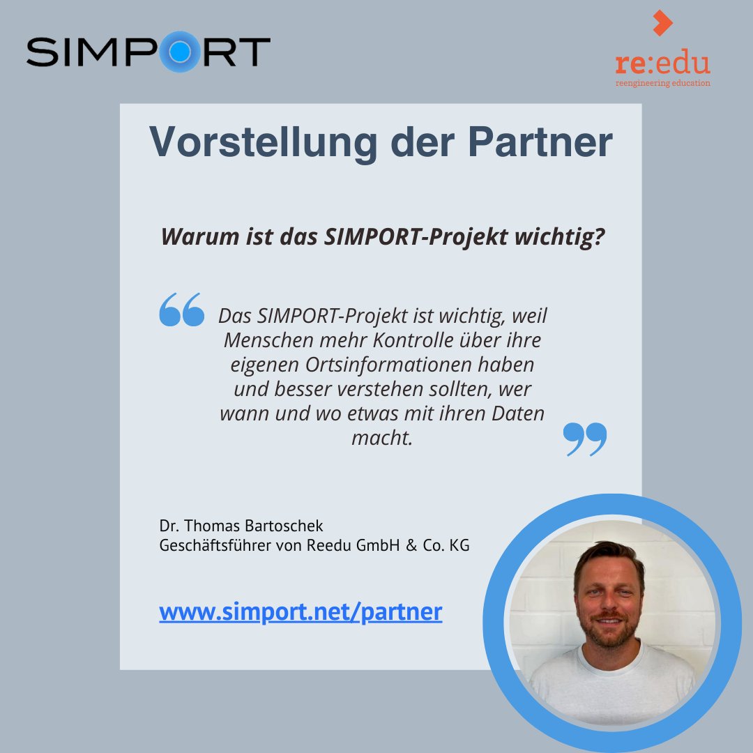 Neue Woche, neuer Partner: Für @thomas_barto vom #startup @reedu_de aus #Münster ist das #SIMPORT-Projekt wichtig, um Nutzer:innen von #Apps mehr Kontrolle über ihre eigenen Ortsinformationen zu ermöglichen #locationprivacy #DigitalSovereignty📲 Mehr dazu➡️simport.net/partner/