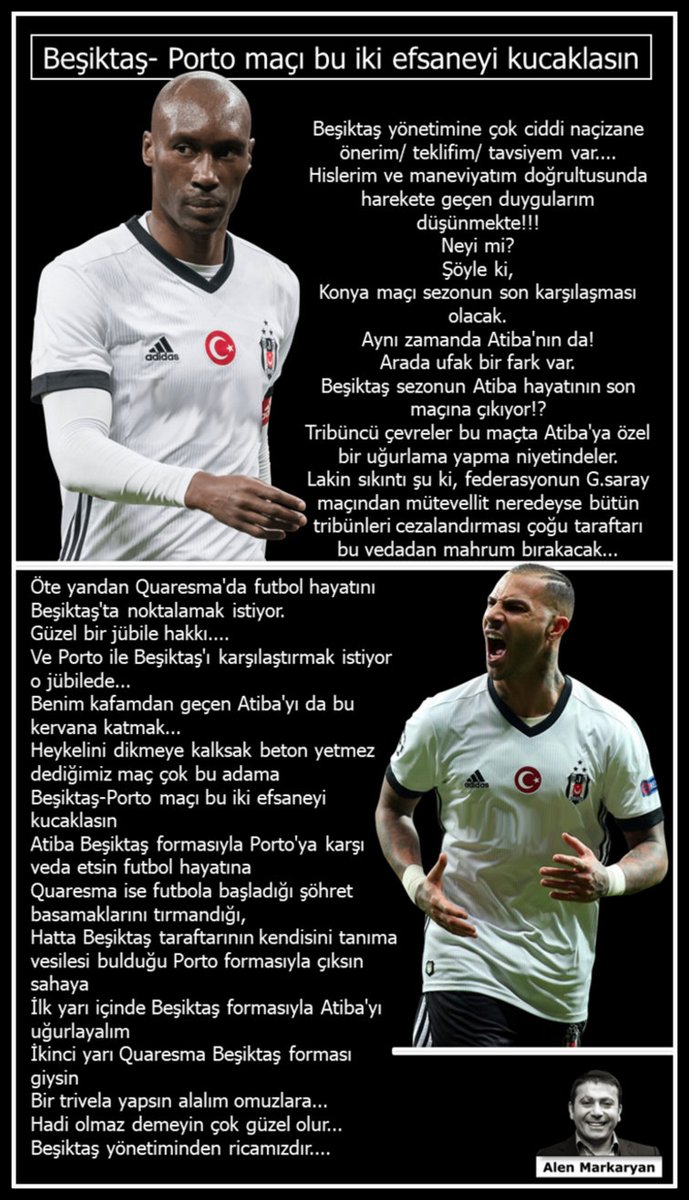 Beşiktaş-Porto maçı bu iki efsaneyi kucaklasın...

✔️Beşiktaş sezonun, Atiba hayatının son maçına çıkıyor!?
✔️Öte yandan Quaresma da futbol hayatını Beşiktaş'ta noktalamak istiyor.