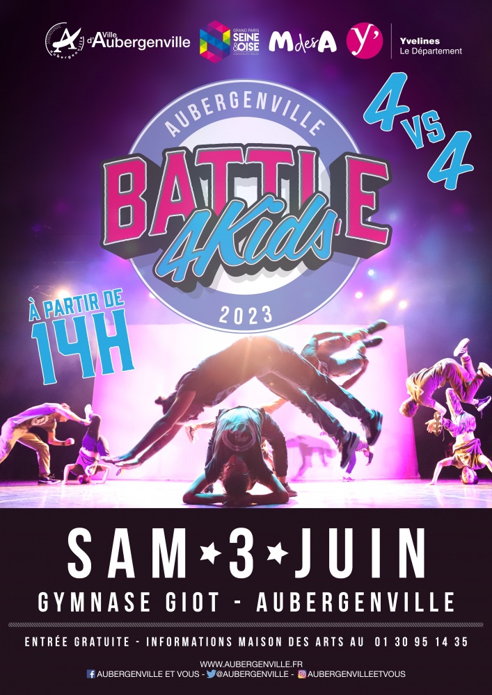 Samedi 3 juin 2023 au gymnase Giot, à partir de 14h, Aubergenville accueillera la toute première édition de Battle 4 Kids, un événement de Breakdance dédié spécialement aux enfants.