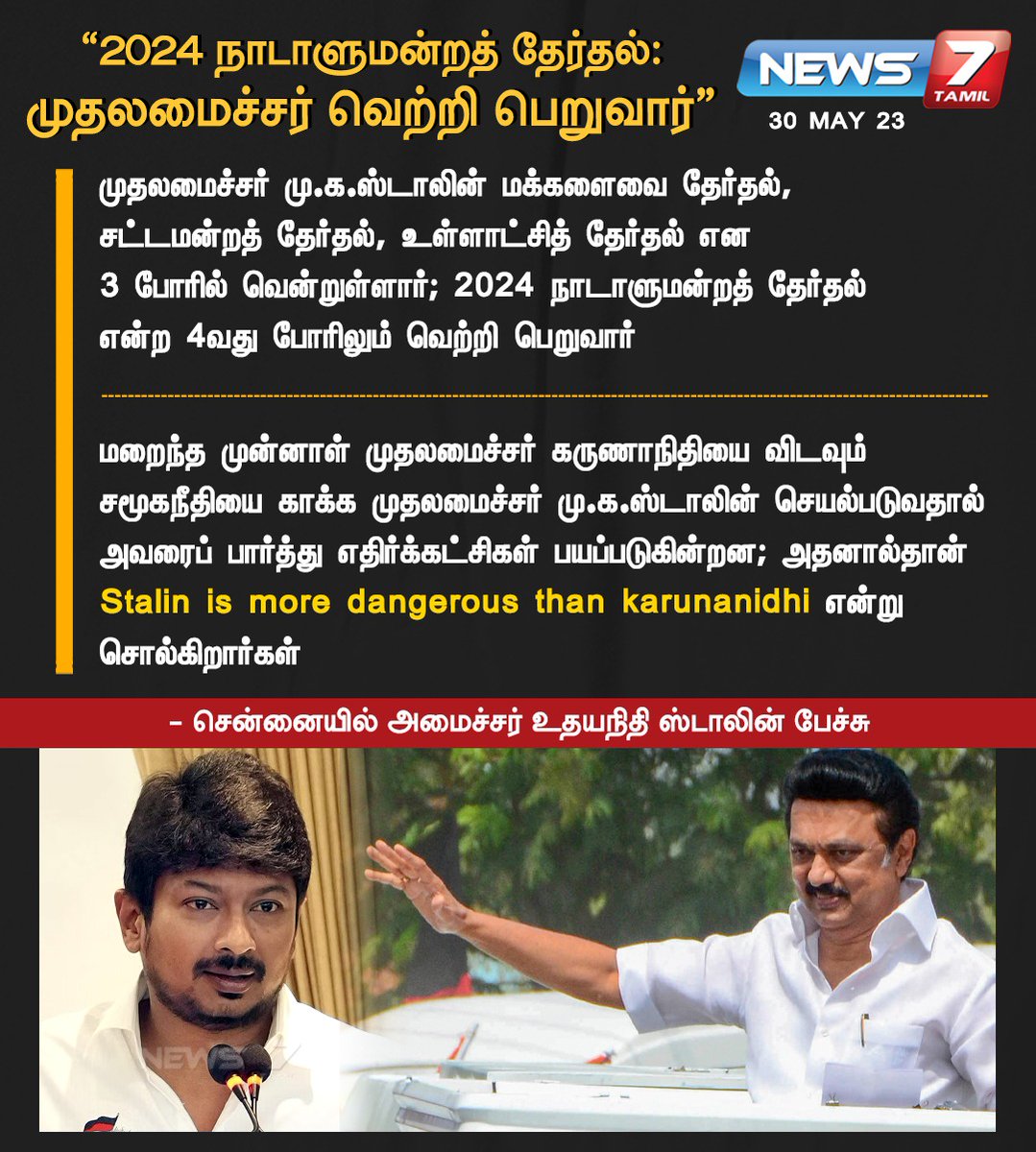 '2024 நாடாளுமன்றத் தேர்தல்: முதலமைச்சர் வெற்றி பெறுவார்” 

news7tamil.live | #MKStalin | #UdhayanidhiStalin | #Karunanidhi | @mkstalin | #News7Tamil | #News7TamilUpdates