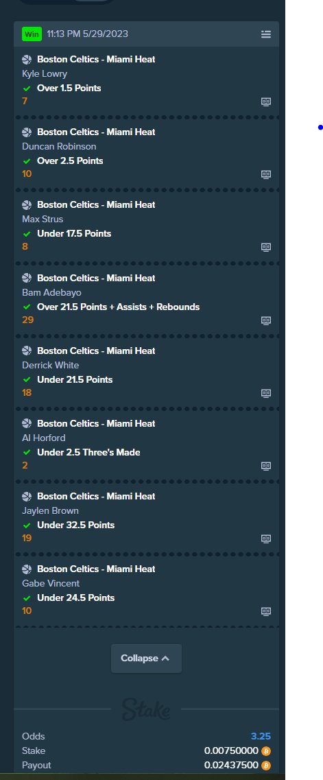 4 out of the 7 nights we hit the player prop in the Miami v Celtics series. What a game and series it was. Solid W for chat again
#NBAPlayoffs #NBAFinals #MiamiHeat #Celtics #CelticsHeat #KickStreamer #bettingtwitter #bettingtips #Rdto1btc