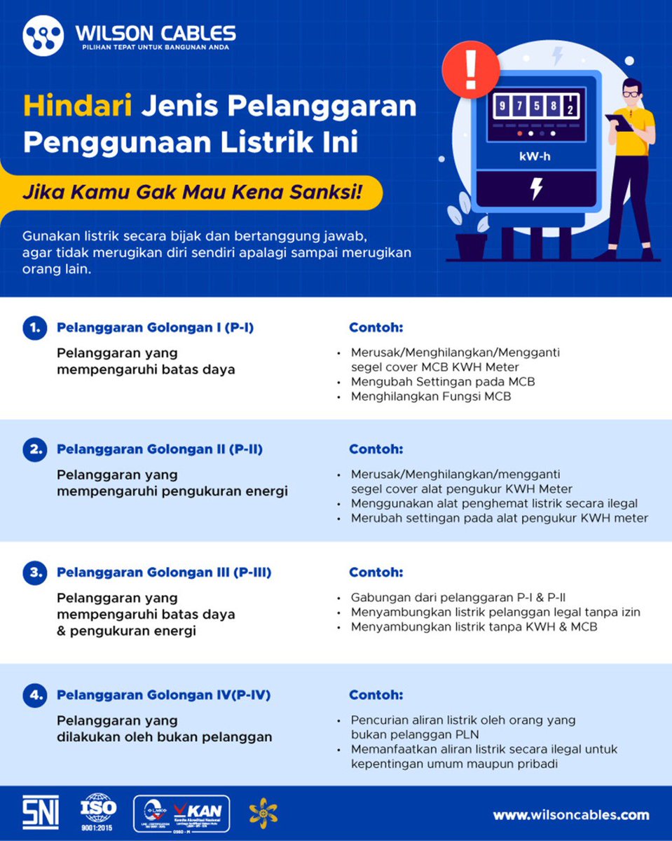 WilsonCable's tweet photo. #SobatWilson sadar ga ternyata ada lho beberapa pelanggaran listrik yang berpotensi dilakukan baik disengaja maupun tidak sengaja. 

Yuk pelajari beberapa jenis pelanggaran tersebut, #SobatWilson pernah yang mana nih?😏 https://t.co/ywYVJJA88z