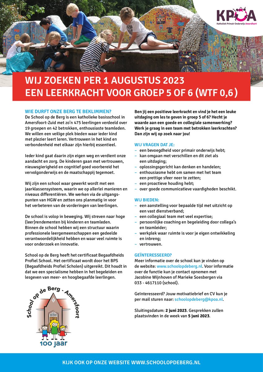School op de Berg zoekt per 1 augustus 2023 een leerkracht voor groep 5 of 6 (WTF 0,6)