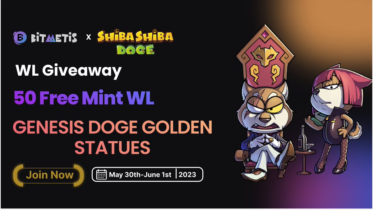 🔥<a href="/BitMetis/">KlapAI (Formerly BitMetis)</a> x @ShibaShibaDogeG🔥
We are giveaway 50 Free Mint WL for the GENESIS DOGE GOLDEN STATUES  💙😎 ⚔
👇To Enter 
bitmetis.io/bounty-detail/…
Shiba Shiba Doge is a free-to-play online multiplayer social deduction game powered by <a href="/ChaingeGamesInc/">Chainge Games</a>