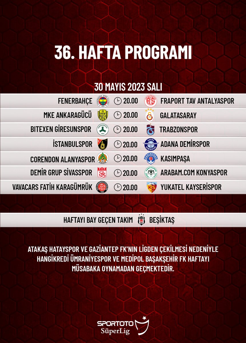 🥳 Spor Toto Süper Lig'de 36. hafta maçları bu akşam 20.00'da oynanacak!