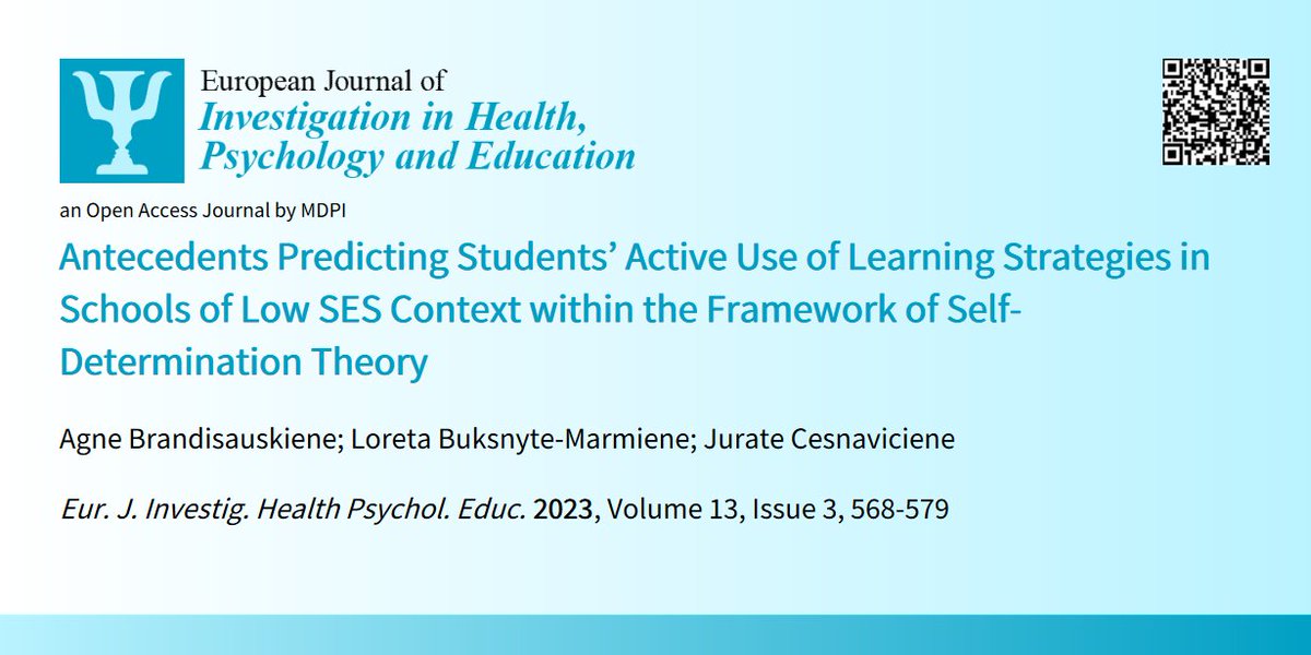 EJIHPE_MDPI's tweet image. 😍Welcome to read👉#Antecedents Predicting #StudentsActiveUse of #LearningStrategies in #Schools of #LowSESContext within the Framework of #SelfDeterminationTheory📜by🧑‍🎓A. Brandisauskiene et al.:📍mdpi.com/2254-9625/13/3…
#perceivedteacherssupport #equity #perceivedautonomysupport