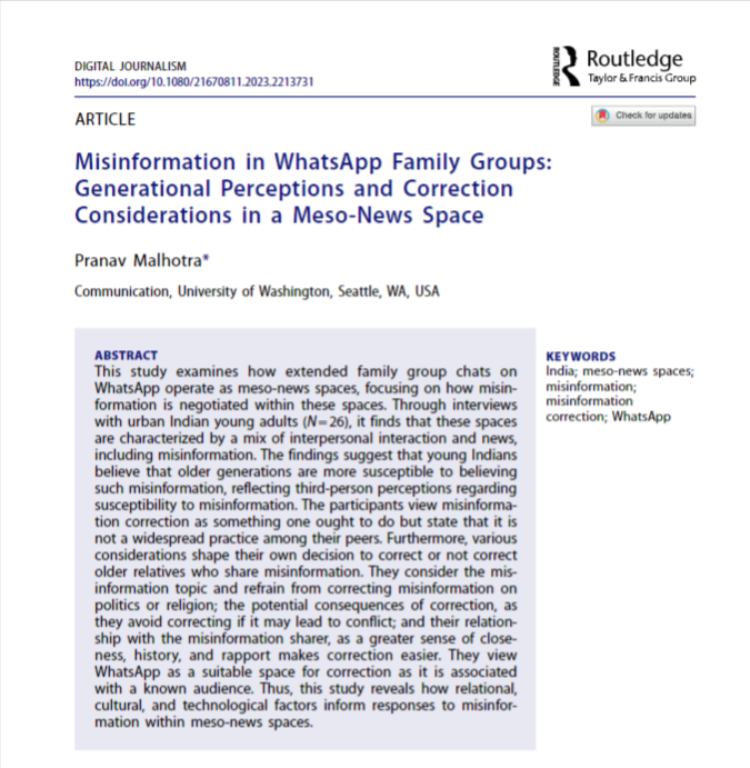 djeditorialteam's tweet photo. ONLINE FIRST! @Pranavmalhotra8 investigates how family group chats on WhatsApp function as meso-news spaces, analyzing misinformation negotiation. WhatsApp is perceived as a suitable platform to correct misinformation shared by a familiar audience.
➡️https://t.co/QkPFu1xJsh https://t.co/rQmNBFcNHS