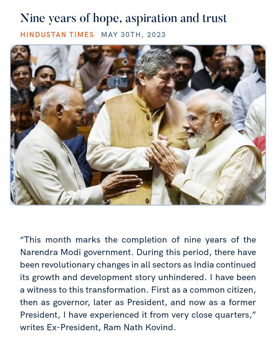 Nine years of hope, aspiration and trust, writes Former President, Shri @ramnathkovind Ji hindustantimes.com/opinion/nine-y… via NaMo App
