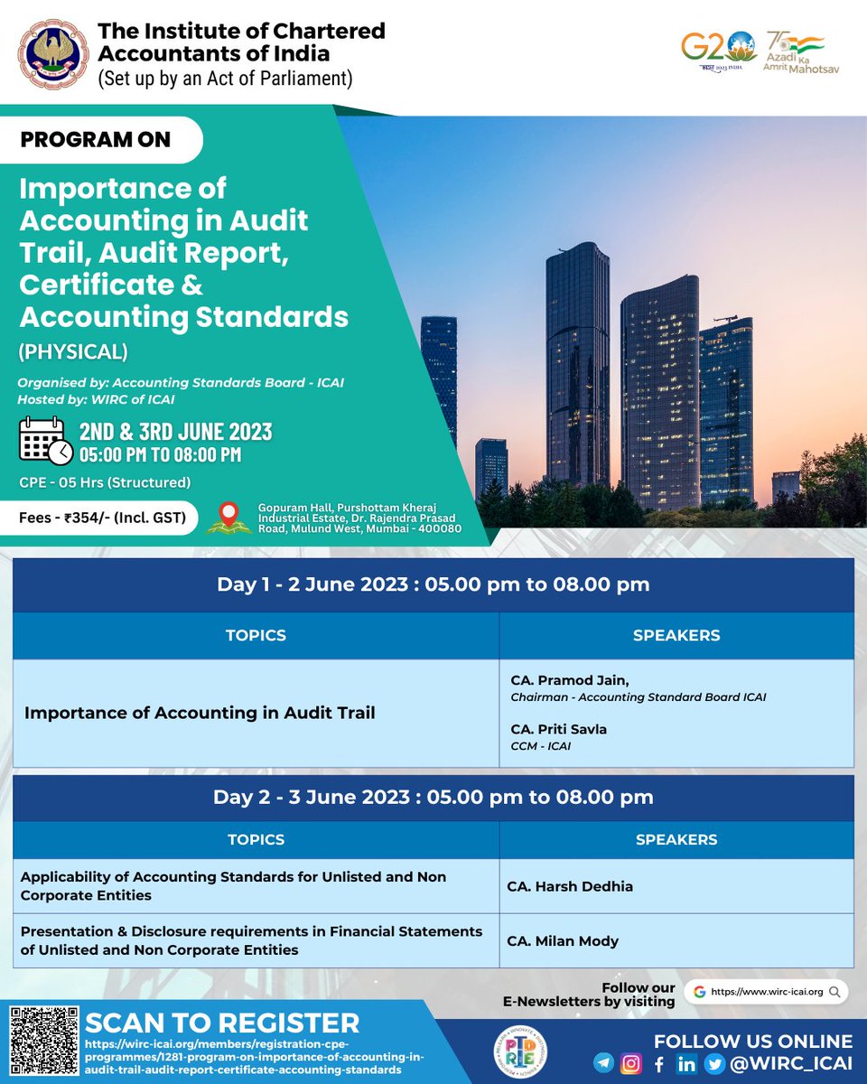 Explore #Accounting in Audit Trail, Audit Report, Certificate & Standards. Join us for a knowledge-packed event hosted by WIRC of ICAI. 

Register now - rb.gy/f276f 

#ICAIEvent #LearningOpportunity #Mumbai