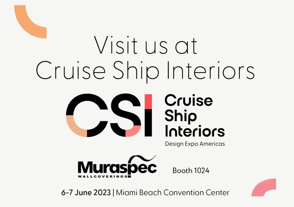 We are exhibiting at Miami's highly anticipated CSI (Cruise Ship Interiors) Design Expo this year! 🛳️

Visit us at Booth 1024, 6-7 June, at the Miami Beach Convention Center. 

More @ muraspec.com/blog/1392-mura…
 
#CSI23 #cruisedesign #cruiseinteriors #hospitalityinteriors