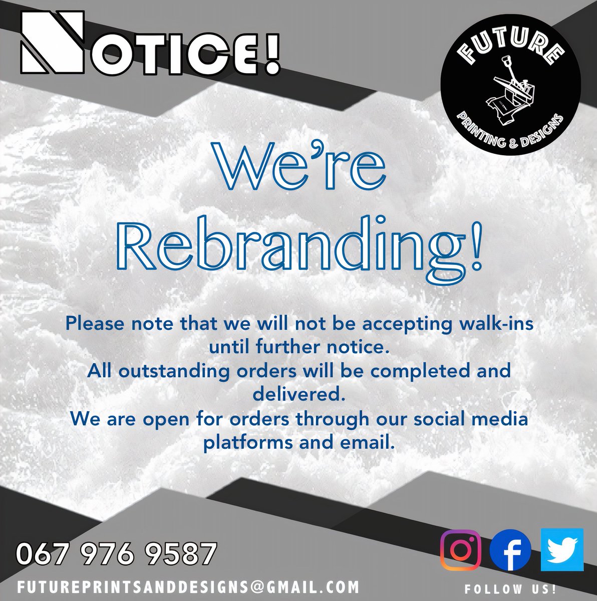 We'll be back before you know it! See you soon! 😉✨️

#futureprintinganddesidns #printing #tshirtprinting #embroidery #DTF #printingsolutions #corporateidentity #banners #brandingsolutions #vinylprinting #sublimationprinting